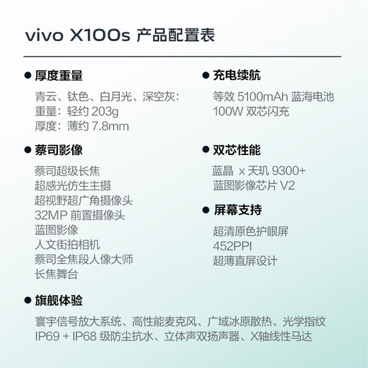 VivoX100s 16GB+1TB space gray blue crystal Dimensity 9300+ 7.8mm ultra-thin straight screen 5G mobile phone JD Express