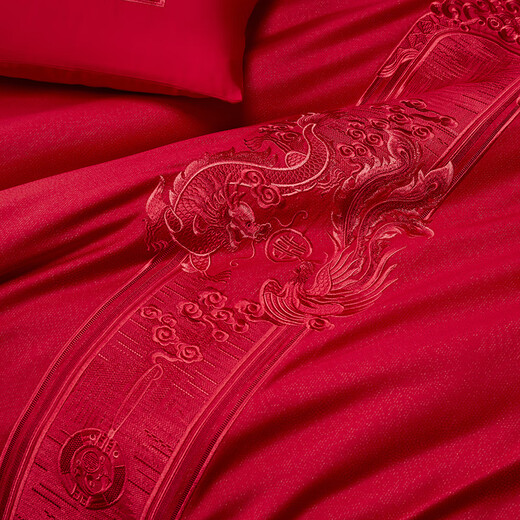 Leeland Home Textile haut de gamme des années 100 NOUVELLE broderie chinoise Dahong Liber de mariage en quatre parties Multi-pièces de litière de mariage Jinxiu Hongzhuang Four pièce de lit 1,8 / 2,0 mètres adapté à (220 * 240 cm de courtepointe)