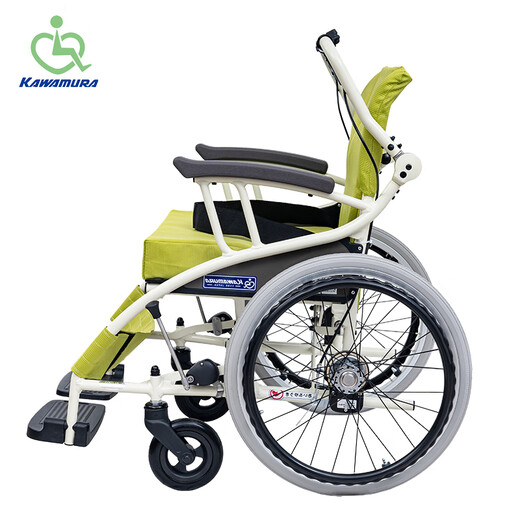 Kawamura, Japan, wheelchair, folding lightweight manual cart, elderly wheelchair, can be pushed, can be carried on large wheels, solid tire AY-18 bright green