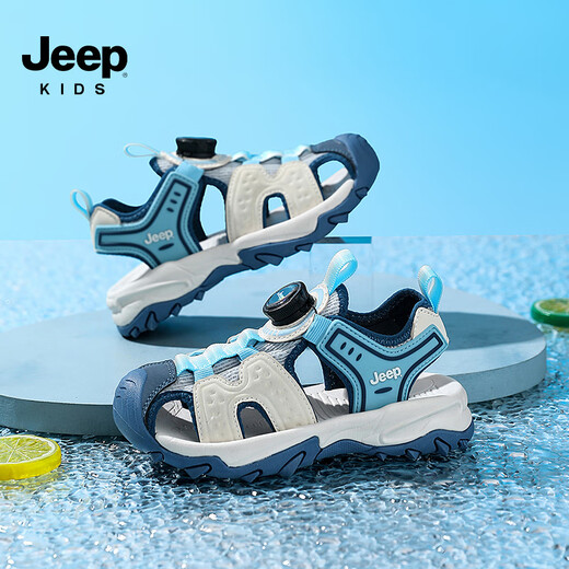 Jeep children's toe-toe sandals boys lightweight breathable casual shoes 2025 girls summer hollow anti-slip beach shoes white/blue 29 shoe inner length approximately 18.4cm