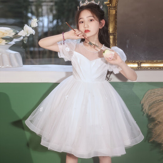 
LuboBEIBEI (LUOBOBEIBEI) Girls' Dress Children's Birthday Princess Dress Flower Children's Wedding Dress Host Piano Performance Clothes White Skirt 140