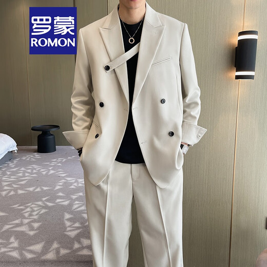 ROMON Light Luxury Commuting Internet Celebrity Suit Suit Men's Light Mature Style Loose Chest Strap Design Double-breasted Casual Suit Two-piece Set Apricot Single Suit XL