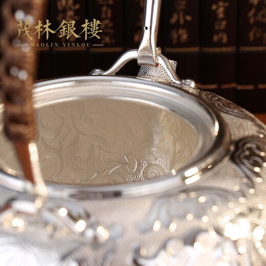 茂林銀樓银壶 足银999烧水壶雪花银纯手工茶壶一张打日式银壶煮茶足银家用 繁花似锦银壶723g（1.3升）