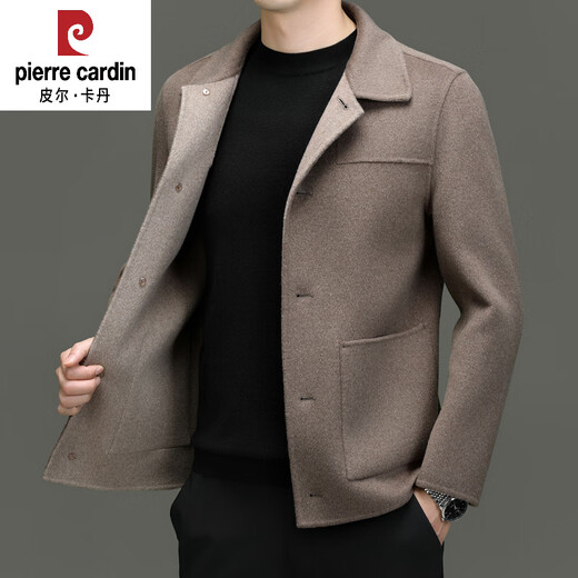 皮尔卡丹（pierre cardin）全羊毛夹克外套男短款拼色毛呢大衣秋冬双面呢子翻领休闲上衣 红驼色 100%羊毛 175/L