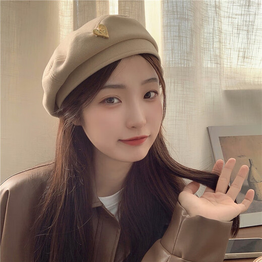 Aomei Lohas Korean Autumn and Winter Woolen Beret Women's Retro Versatile Fashion Love Metal Painter Hat Chestnut Brown