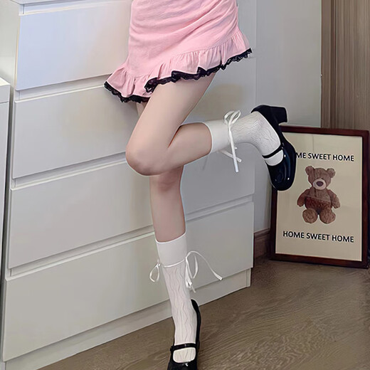 Magic fog Japanese jk white lace Mary Jane hollow socks women's mid-calf ballet style ribbon lolita strap calf socks a51 ribbon calf socks-white one size