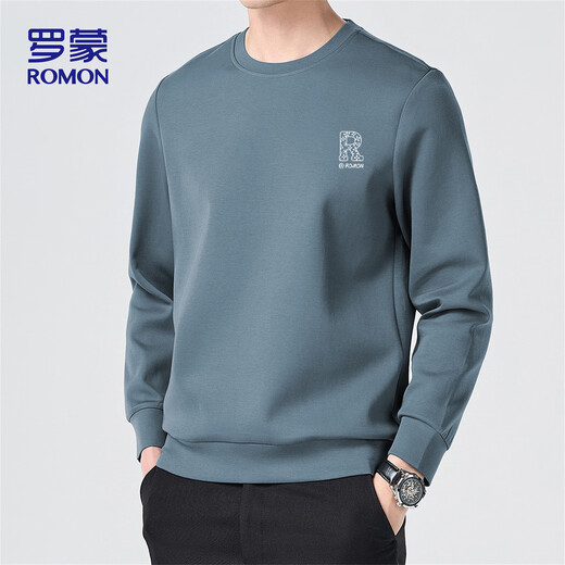 ROMON sweatshirt men's autumn and winter casual simple loose pullover round neck long-sleeved t-shirt bottoming shirt jacket WY02 fog blue XL