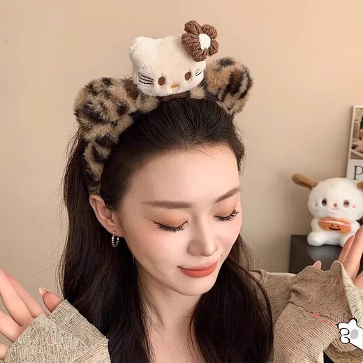 Shufen Pressed Hair Headband High-end Light Luxury Plush Hairband Women's Face Wash New Fashion Leopard Print Cute Kt Cat Western Style Hairpin F3098 Leopard Print Cat Hairband