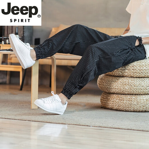 JEEP SPIRIT吉普亚麻裤男夏季薄款九分裤宽松束脚哈伦裤中国风男裤条纹棉麻裤 MK983黑色 L (115-135斤)