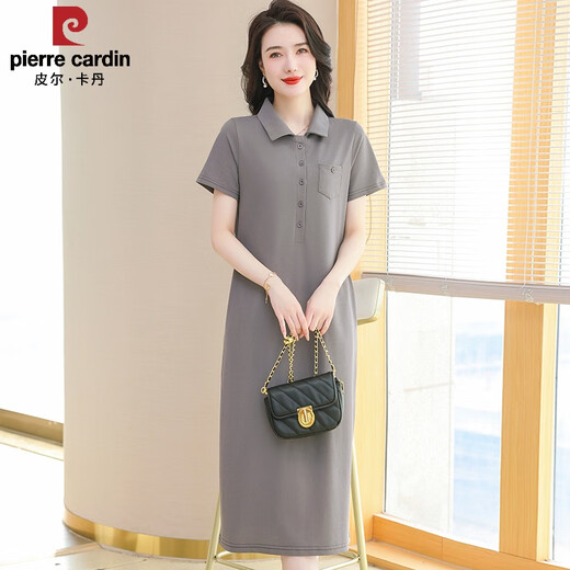 Pierre Cardin 2025 Neues Polokleid reines Baumwoll-Sommer-Lampe Langes Überknee-T-Shirt Lose Casual Sports kurzärmeliger Rock Green 9859 S 90-100jin [Jin ist 0,5 kg]