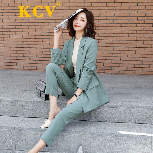 KCV小西装女套装春秋新款气质休闲韩版时尚职业西服外套两件套 9911 黄色 S