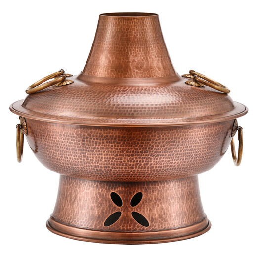 Longshun Copper Art Copper Hot Pot Pure Copper Carbon Electric Dual-Purpose Charcoal Plug-in Pure Copper Old Beijing Meat Shabu Copper Pot Hot Pot Hammer Pattern Mandarin Duck Model 8-10 People 36cm