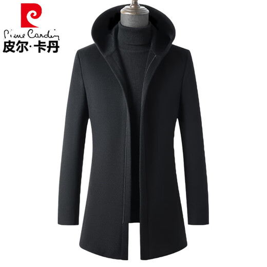 Pier Cardin High-End Pure Woll Wollmantel für Männer mitten in der Mitte der Länge 2024 Herbst und Winter Mode, hübsches Kapuzenmantel für Männer schwarz 170/m