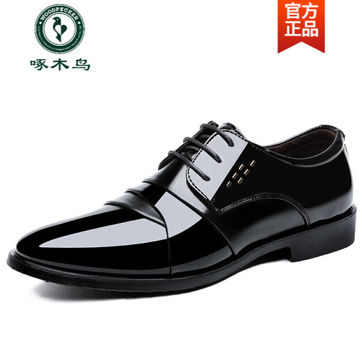 Woodpecker Leather Shoes Men's Business Formal British Casual Glossy Patent Leather Shoes Youth Work Large Size Trendy Leather Shoes 2116 Black 41