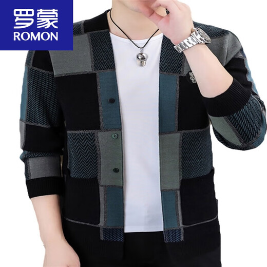 罗蒙（ROMON）春秋季男士新款针织开衫毛线衣外套毛衣披风休闲格子上衣商务男装 K803蓝色针织衫 2XL