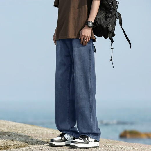 POUM 牛仔裤男秋季宽松直筒水洗裤子男港风阔腿运动工装长裤 718-K823深蓝 3XL (建议175-190斤)