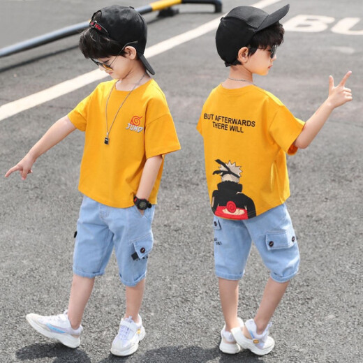 Venetutu Boys Suit Summer Clothing 2021 Summer New Korean Children's Suit Medium Big Child Western Style Little Boy Short-Sleeved Jeans Two-piece Set Trendy Clothes 3-12 Years Old Yellow 150 Size Recommended Height 140CM