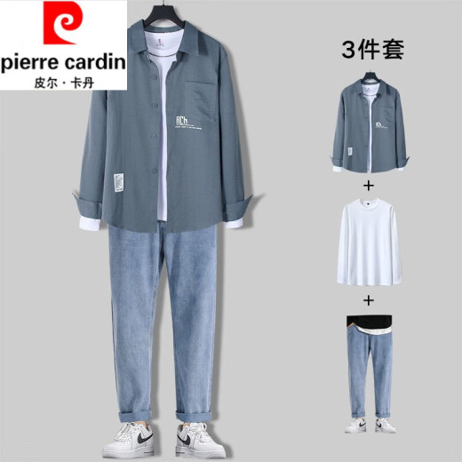 Pierre cardin men's casual long-sleeved shirt men's suit spring and autumn trendy men's clothing full set with mature trendy clothes 679 blue shirt + long white T+71 blue jeans XL