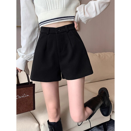 Hao'e Woolen Shorts for Women Spring and Autumn New Style Wide Leg Pants for Slimming Versatile Bottoming Pants for Small People with Boots Black Woolen L Recommended 110-125Jin Jin is equal to 0.5kg