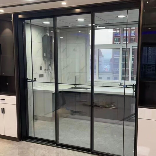 维诺亚定制极窄阳台三联动厨房推拉门客厅隔断厕所推拉门双层钢化玻璃门 透明+透明/磨砂 地轨双轨双扇