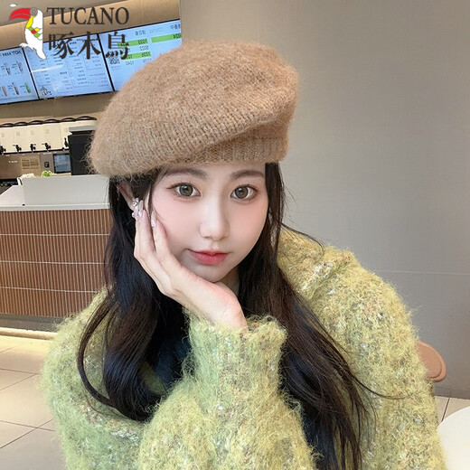 Woodpecker wool knitted beret women's autumn and winter Japanese style simple cloud painter hat big head circumference showing face small woolen hat E-423CH khaki mohair knitted beret 55-58CM