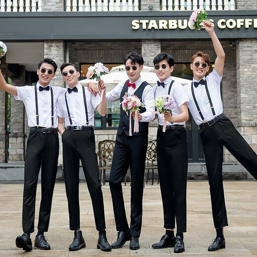 Lemon Tide Sommer Groomsmen's Group Clothing Männliche Brüder Gruppe Langarm Shirt Anzug Anzug Bräutigam Hochzeitsanzug Sommer (Qualität) Sommerhemd + schwarze Hose + schwarze Fliege Keil