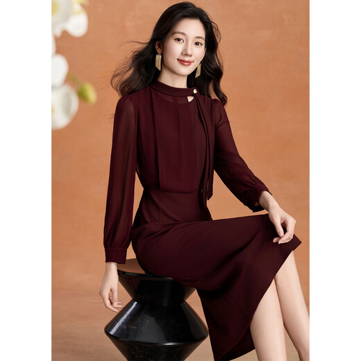 Kebel light luxury high-end dress women's 2025 new autumn and winter temperament waist slimming long-sleeved slit mid-length skirt XL