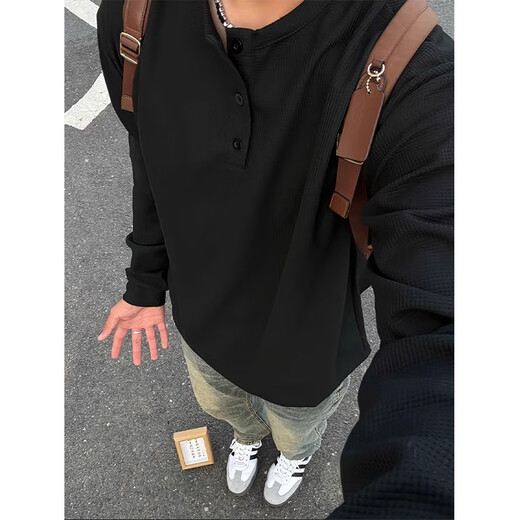 Digada American Henry collar waffle sweatshirt for men in autumn and winter plus velvet inner layering shirt casual long-sleeved T-shirt top CQS-1381 black plus velvet M