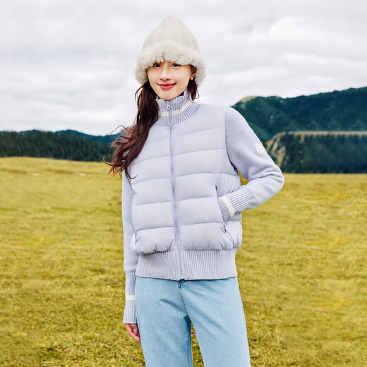 雪中飞秋冬新款女士轻薄羽绒服拼接针织设计女士短款百搭时尚鸭绒羽绒服 清露紫|6195 160/84A