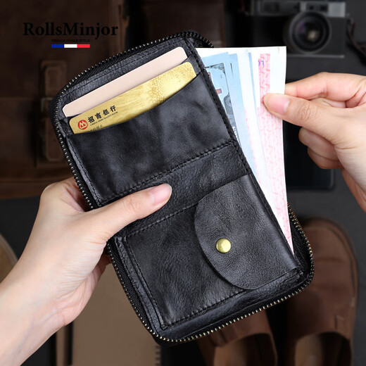 RollsMinjor genuine leather wallet men's short vertical handmade vegetable tanned head layer cowhide retro zipper wallet middle-aged and youth gift box Coffee color 9*2.5*12CM
