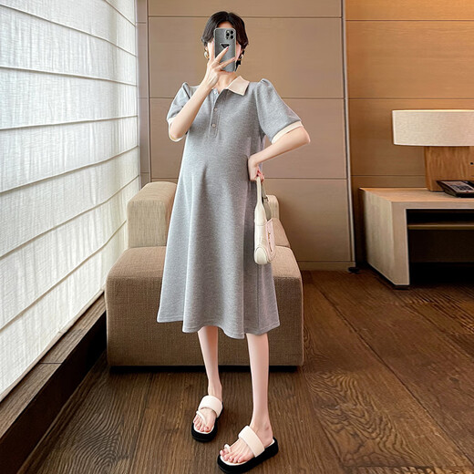 PREGNAND MUTTERITY KEID KEIS SUMMER 2025 Trendy Mutter Mutterschaftskleid Sommer Lapel T-Shirt Mode und locker großer Rockgrau XL (Empfohlen 125-145jin [Jin gleich 0,5 kg])