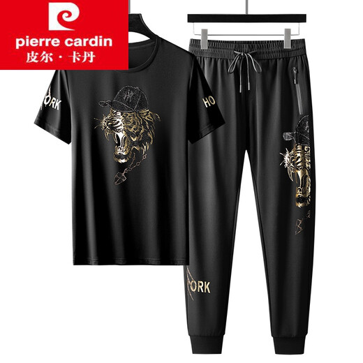 Pier Cardin ironing set T-shirt men's sportswear casual sports brand ice silk short sleeves handsome fashionable combination 5012 black set 2XL