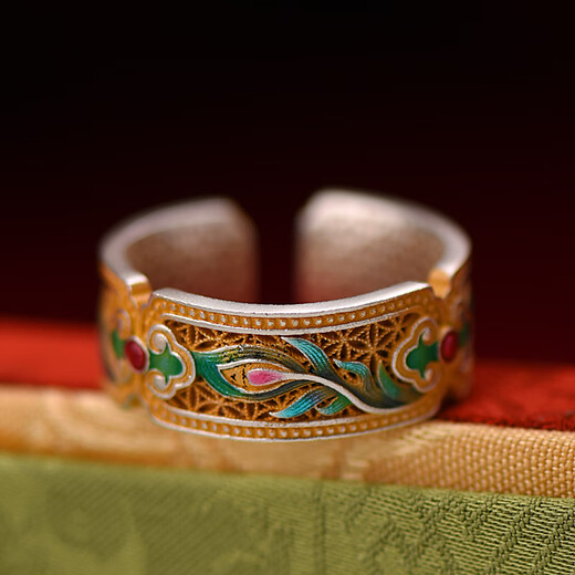 Luotai old silversmith 9999 pure silver enamel ring women's style Chinese style light luxury high-end gold phoenix feather feather ring enamel ring (adjustment range 10-16#)