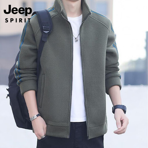 JEEP SPIRIT Jeep Men's Cardigan Sweatshirt Plus Velvet Thickened Striped Stand Collar Polar Fleece Autumn and Winter Jacket Warm Casual Jacket 8868 Military Green Regular Style L (Recommended 120-140 Jin Jin equals 0.5 kg)