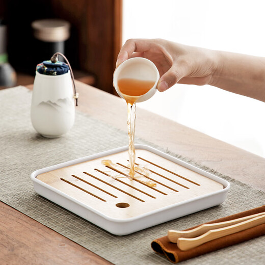 Gold inlaid jade travel tea set home outdoor portable mutton fat jade porcelain Kung Fu tea set tea tray beautiful view of the sea of clouds