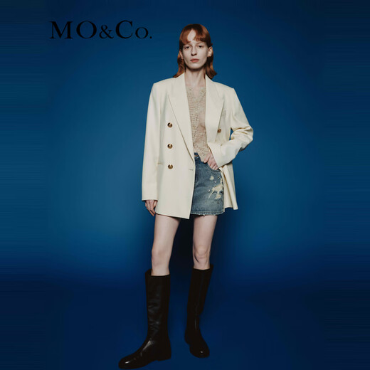MO&Co. Spring and Autumn Sheep Wool Worsted Patch Collar Padded Shoulder Broad Shoulder Blazer Moanke Apricot S 160