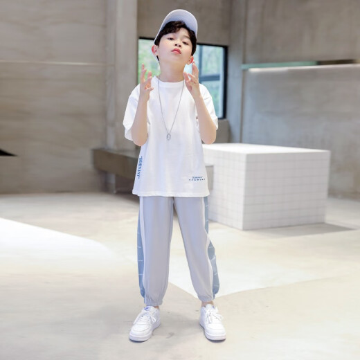 McTicco Boy Suit Summer Camiseta para niños de moda Ropa para niños de moda deportes informales de verano y gran niño moderno a la moda 9767 negro + 5725 gradiente [traje de seda de hielo] 170 tamaño (160-170cm)