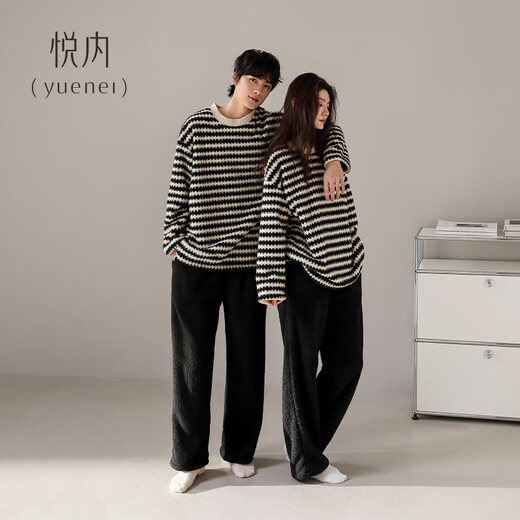 Yuenei Half Velvet Couple Pajamas Women's Autumn and Winter Coral Velvet Thickened Home Clothes Men's Striped Pullover Set 24353 Wave Pattern Women's 2XL (Male 160-180 Jin Jin equals 0.5 kg / Female 140-160 Jin Jin equals 0.5 kg)