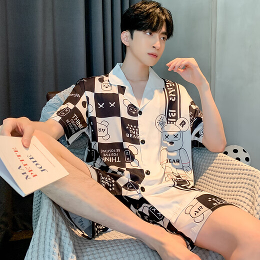 Catmans neue kurzärmelige Long Hosen Herren-Pyjamas Drei-teilige Sommer-Eisseide-Teenager können außerhalb B673 3xl zu Hause tragen (vorgeschlagener Größe 185 und Gewicht 175