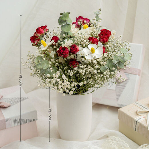 AIMAN Starry Little Roses Forget-Me-Not Dried Flower Bouquet Ins Style Home Furnishings Room Living Room Decoration Furnishings Lover Romantic Little Roses Full of Gypsophila + Pen Holder Ceramic Bottle