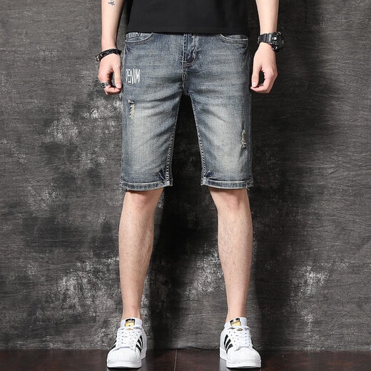 真维斯（Jeanswest）牛仔短裤男2025夏季破洞休闲男士五分裤宽松潮流弹力沙滩裤中裤 826蓝色 30