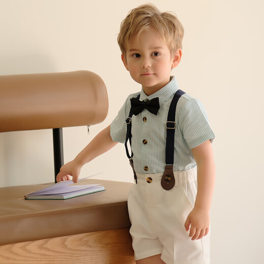 Luobobe (luobobeibei) Kinderkleider Jungen Frühling und Sommer Britisch-Streifen-Overhirts Hemd Set Green Shirt Vierteilige Set 120