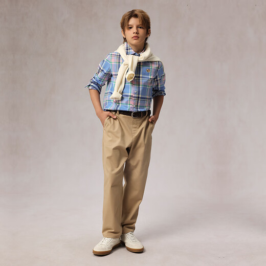 E LAND KIDS 100% cotton Eland boys' shirt 25 spring new arrival college style badge embroidered plaid Red/20 160