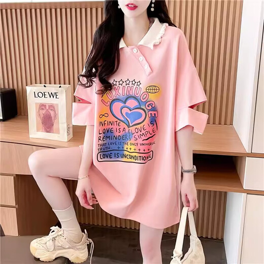 妃丽慕尚2025夏季新款polo领短袖t恤女慵懒风中长款原宿宽松显瘦半袖上衣 841黑色 L 【建议110-140斤】