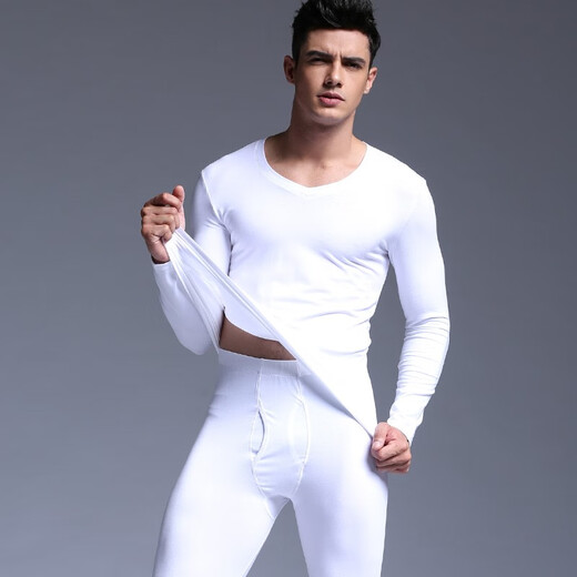 Hancai Thermal Underwear Men's Spring and Autumn V-neck Modal Cotton Autumn Clothes and Autumn Pants Bottoming Men's Suit White XL