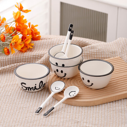 Super popular 4.75-inch rice bowl, large-capacity food supplement bowl, ceramic bowl, smiley face bowl, 2 bowls, 2 scoops