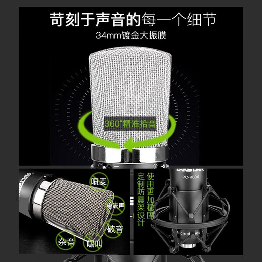 Takstar (TAKSTAR) PC-K600 condenser microphone, mobile phone, computer, karaoke live recording, shouting and singing, general anchor equipment, complete Aiken sound card set, Takstar 600 single product official standard (sound card required)