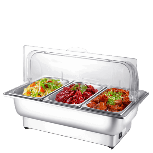 Suiqi Electrically Heated Stainless Steel Buffet Insulated Stove Basin Commercial Hotel Buffet Stove Display Tray Thickened Pot Three Compartments 9 Liters With Transparent Cover Mechanical Model