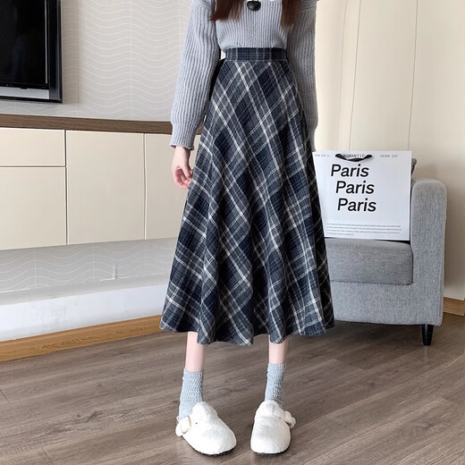 Miao Yijia Plaid Wool Skirt Winter Women's New Winter Skirt Long Skirt College Style Skirt A-Line Style and Versatile College Style Woolen Plaid Umbrella Skirt Blue Regular L Recommended 110-125 Jin Jin equals 0.5 kg