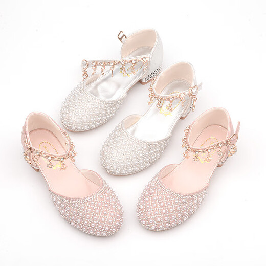 Bu Lian Cat Girls Princess Shoes Children's Small Leather Shoes 2024 New Little Girls High Heels Soft Bottom White Pearl Crystal Shoes Trendy Silver White 26